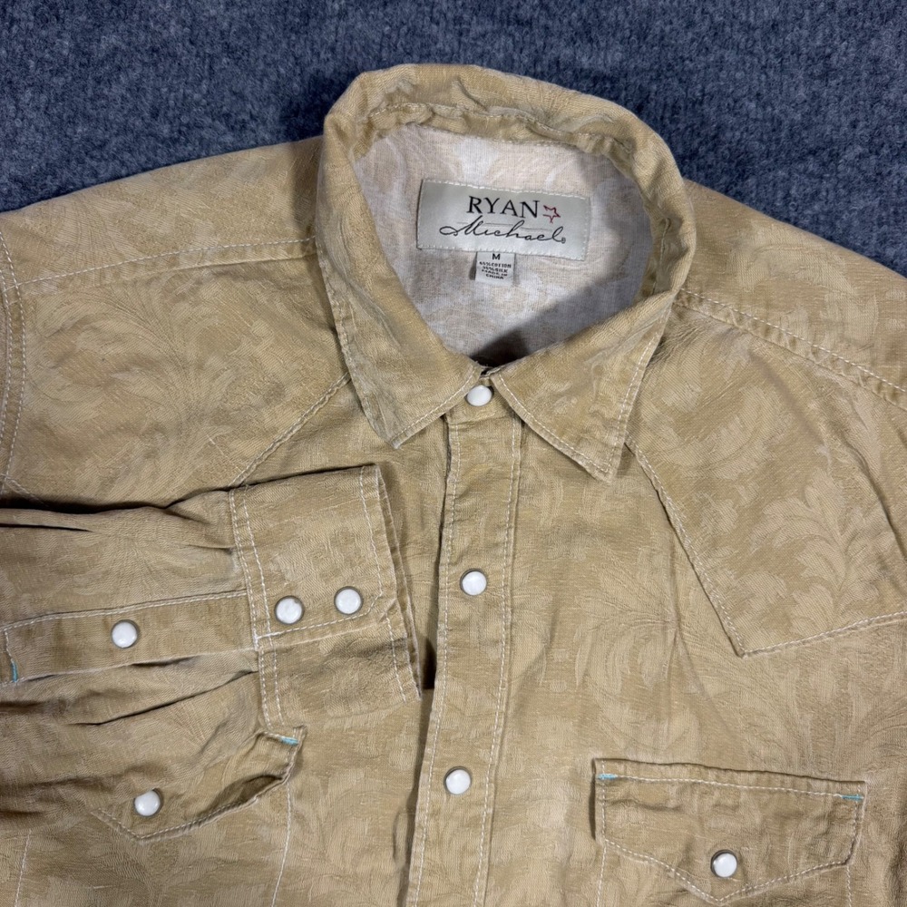 Ryan Michael Western Shirt Pearl Snap Men M Tan Cotton Silk Jacquard GUC